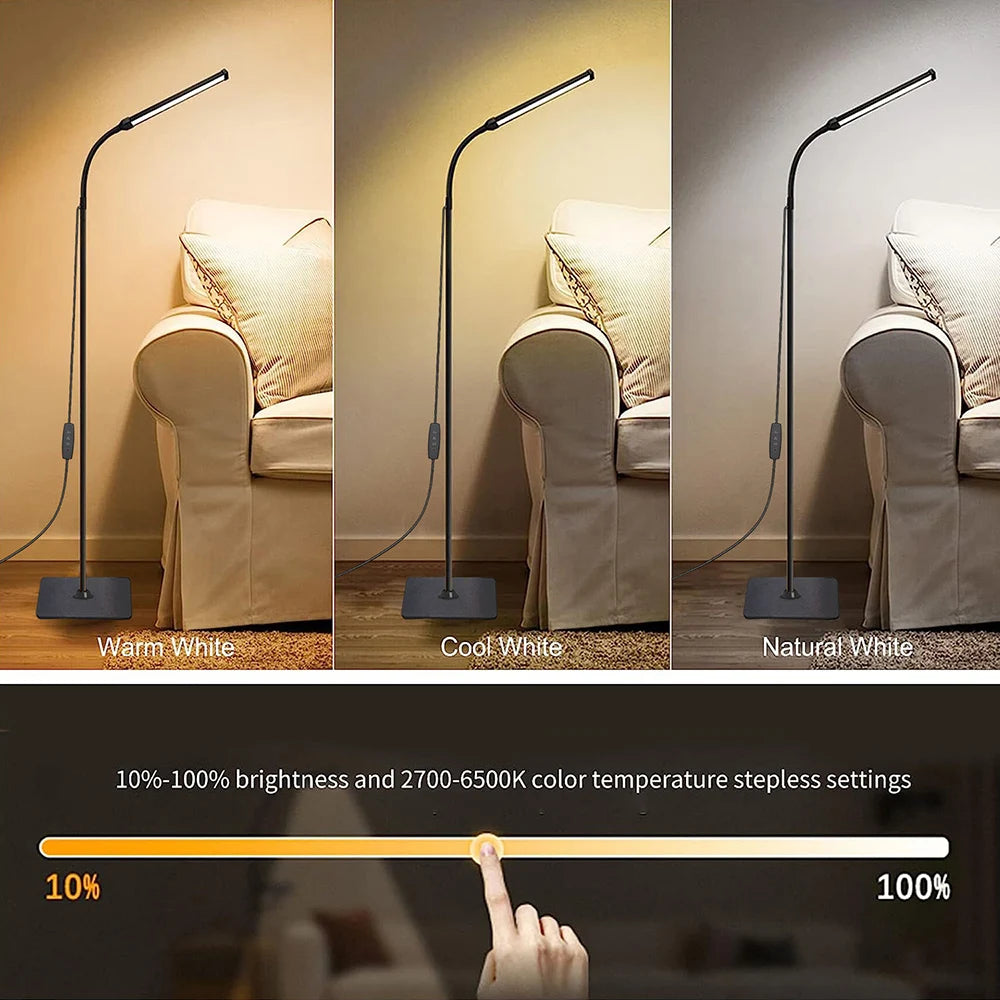 Floor lamp with adjustable light settings in a room with a sofa.
