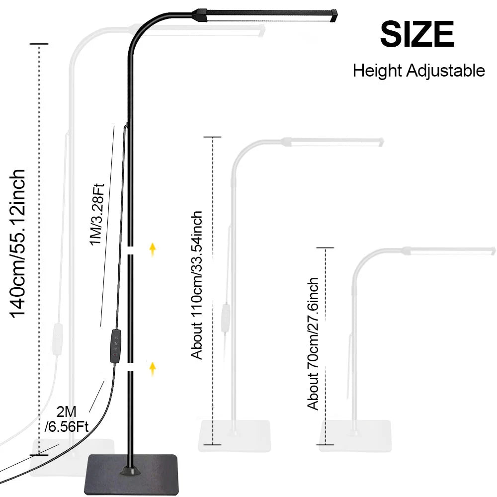 Height adjustable LED floor lamp with dimensions on a white background