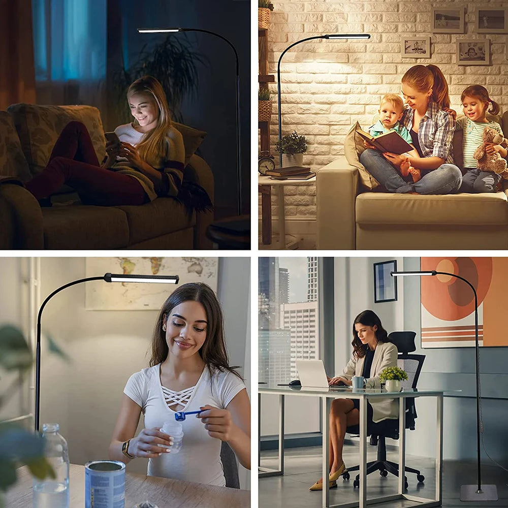 Collage of a woman using a lamp in different settings: reading, with children, at a table, and in an office.