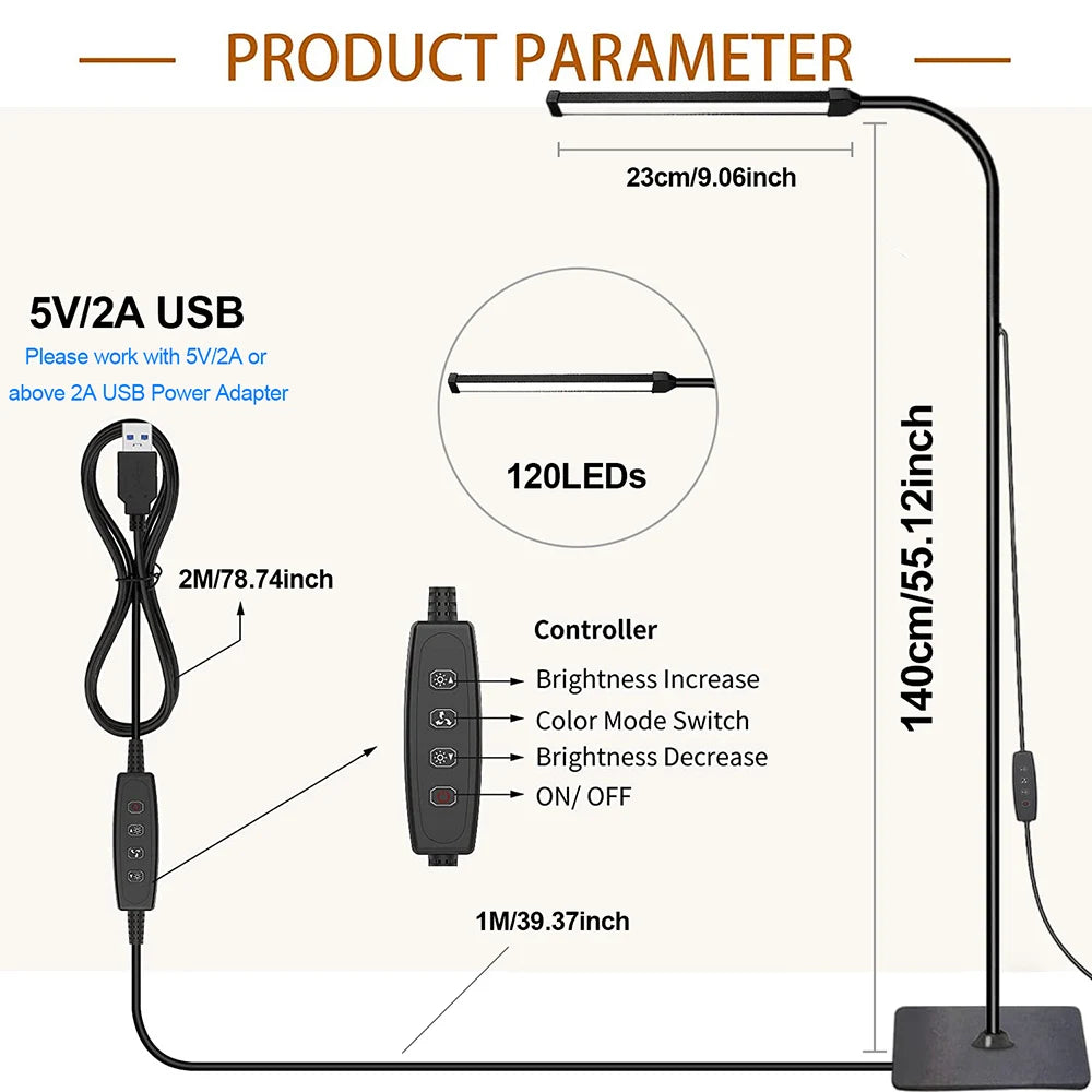 LED floor lamp with USB cable, controller, and specifications on a white background