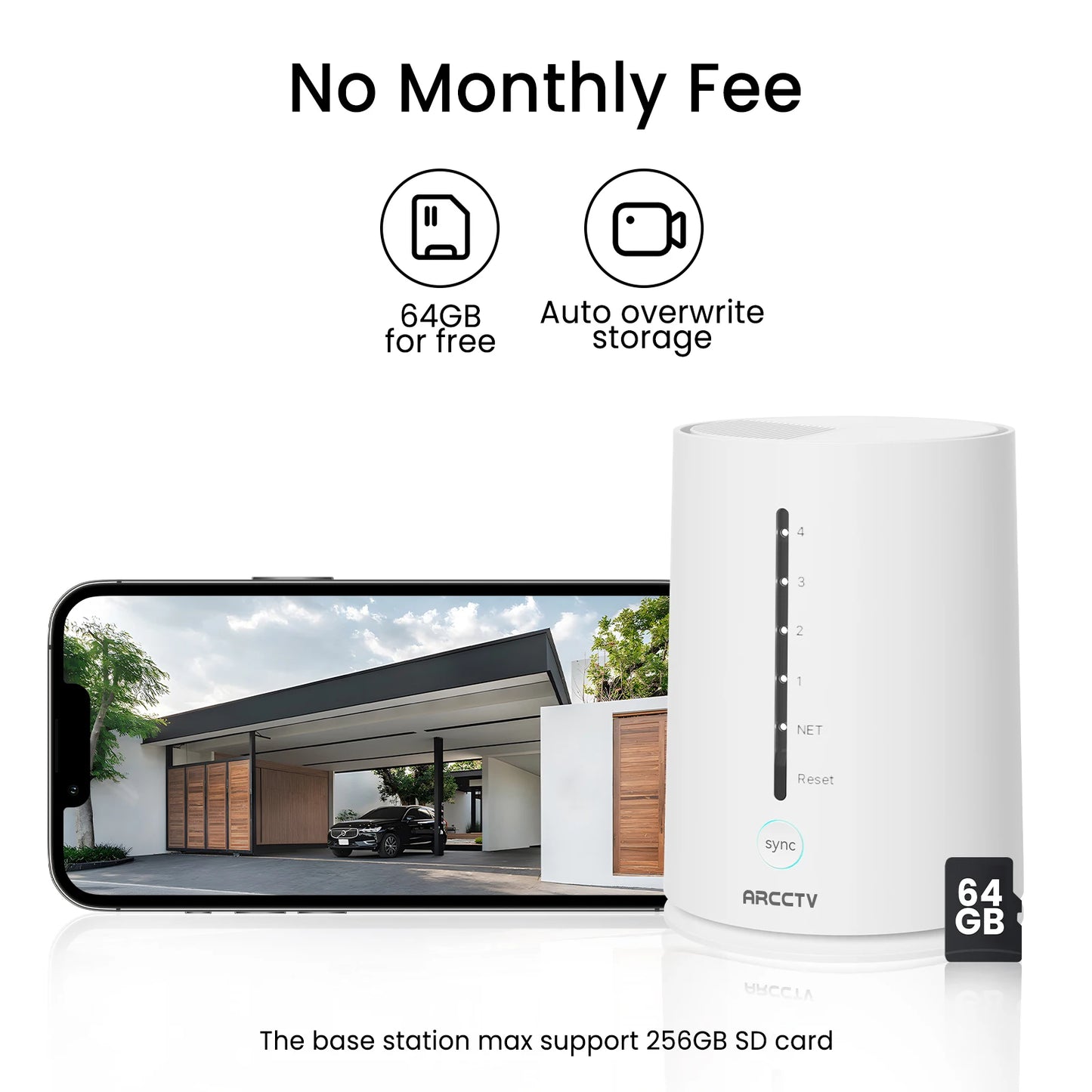 White base station with smartphone displaying a house and car, text about storage and fees.