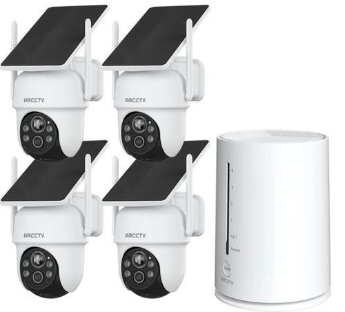 Set of four ANRAN security cameras with solar panels on a white background