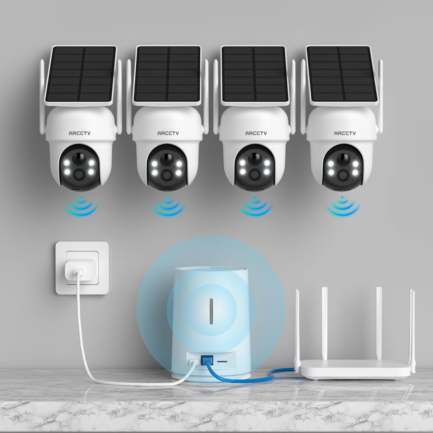Four solar-powered security cameras with connectivity symbols on a gray background