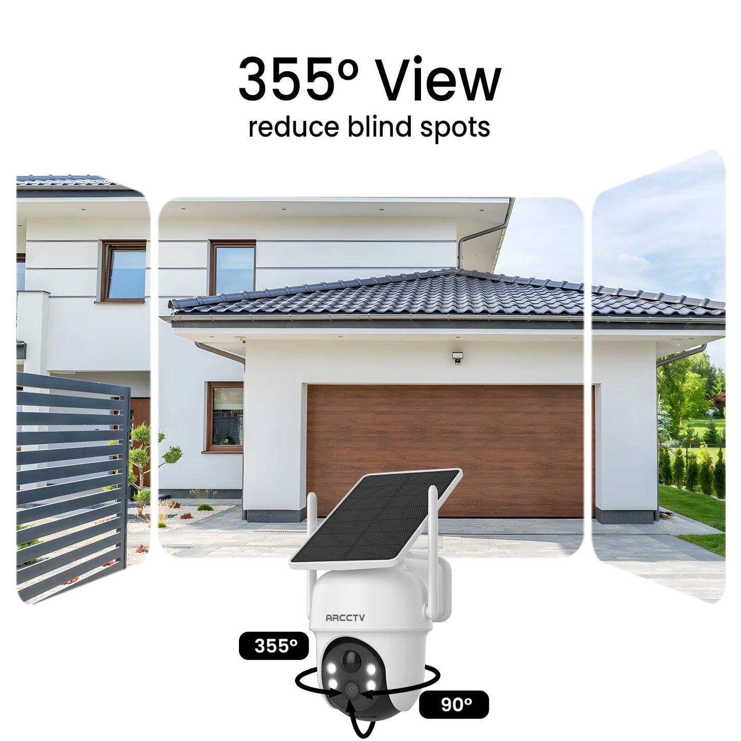 Solar security camera with 355-degree view on a house exterior background
