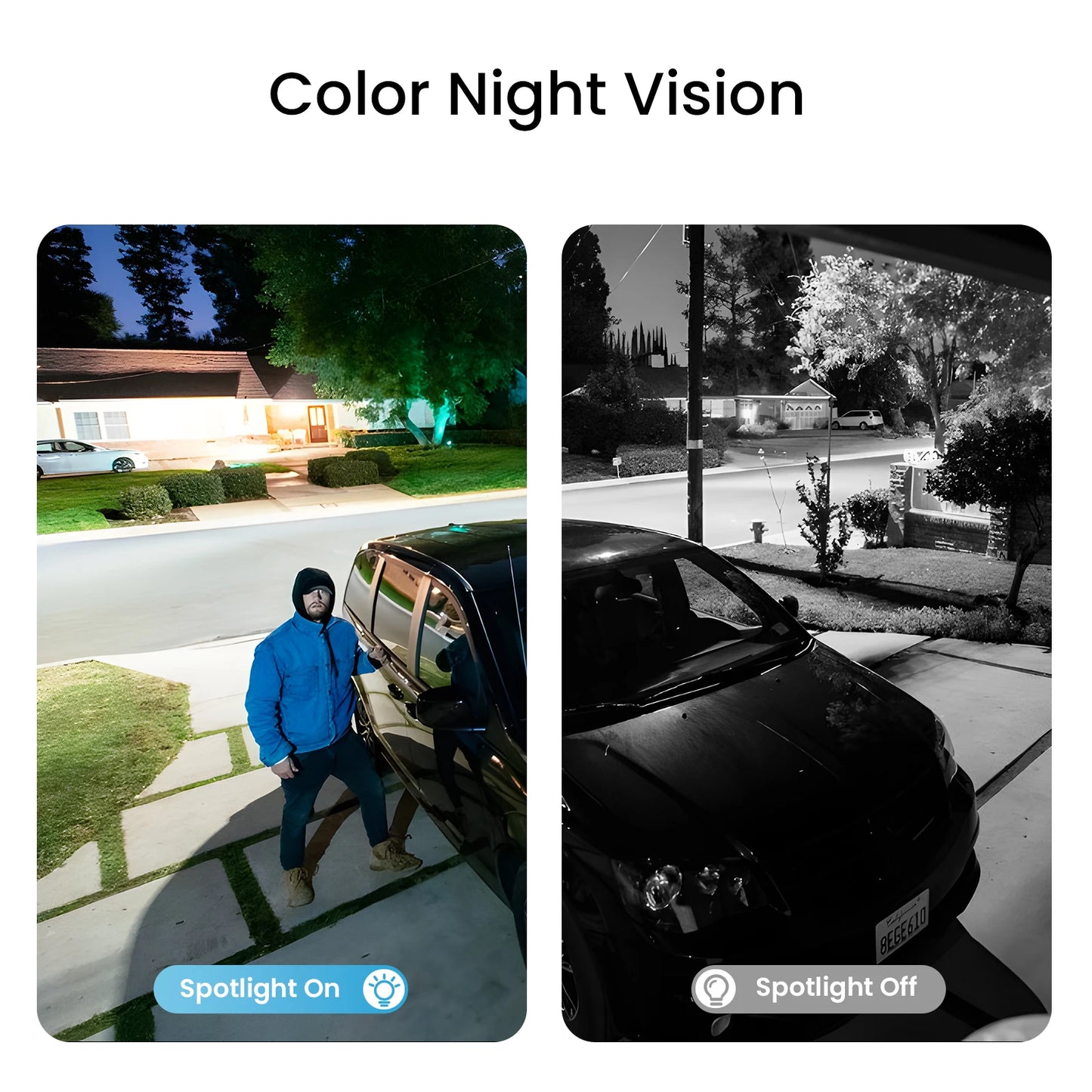 Comparison of color night vision with spotlight on and off in a residential setting.