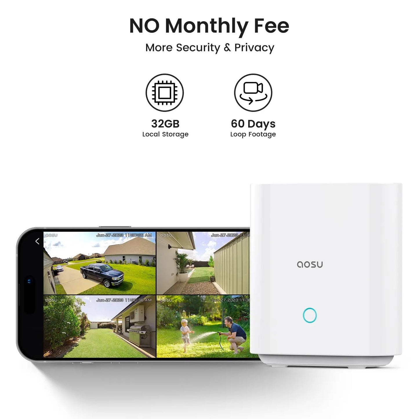AOSU 3MP Solar Security Camera System – 4 - Camera Wireless PTZ Kit with HomeBase & Alexa Support - Carry Light