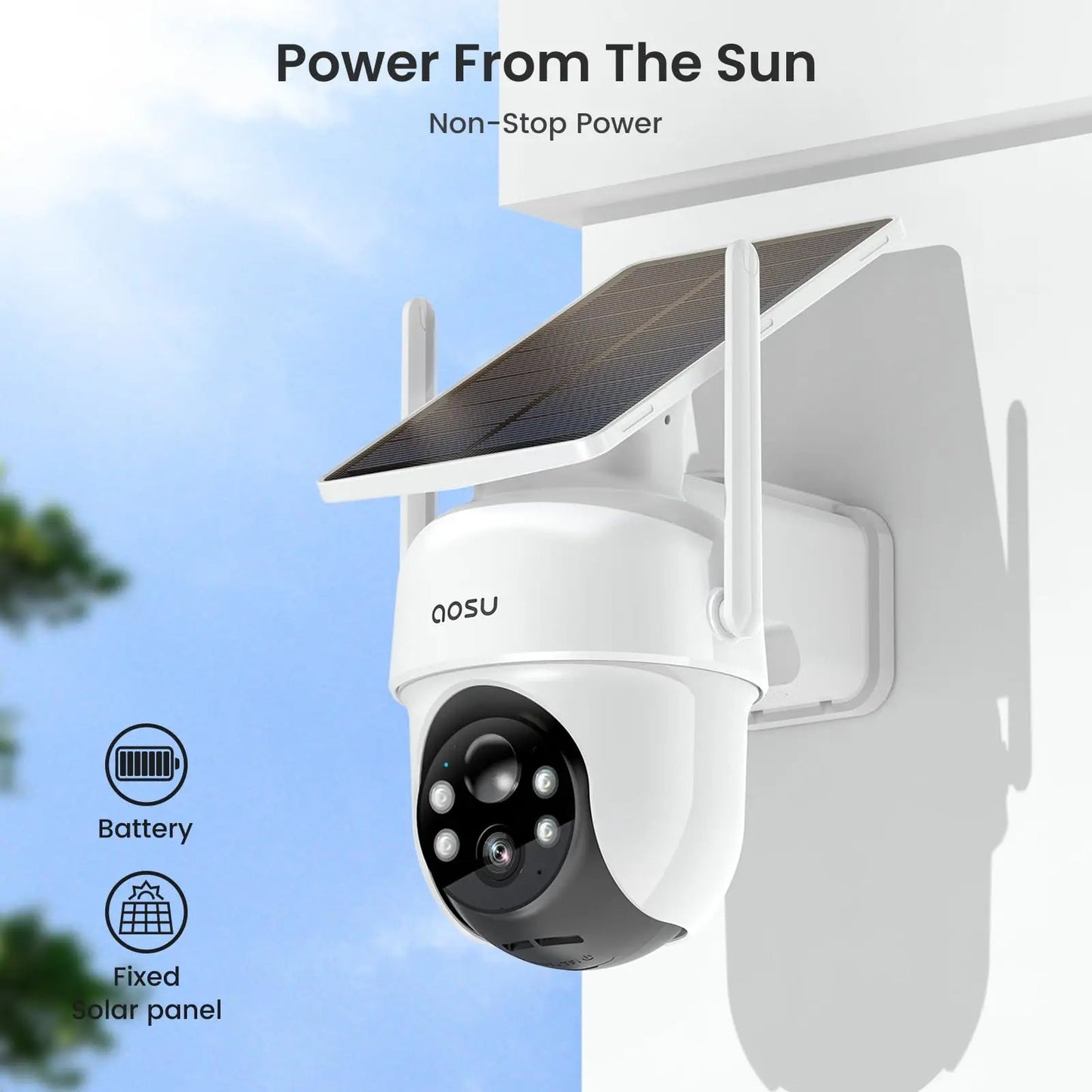 AOSU 3MP Solar Security Camera System – 4 - Camera Wireless PTZ Kit with HomeBase & Alexa Support - Carry Light