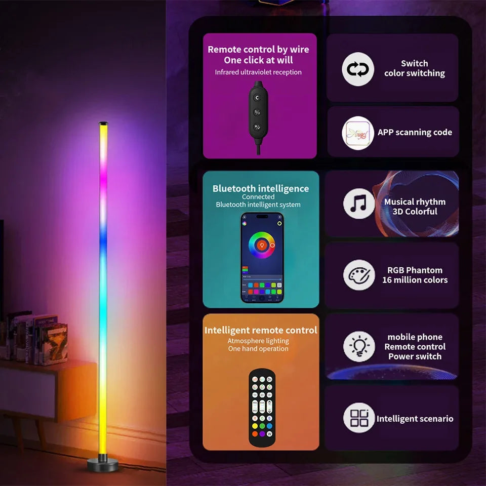 Modern RGB atmosphere floor lamp for living room and entertainment areas, syncs with music and movies.