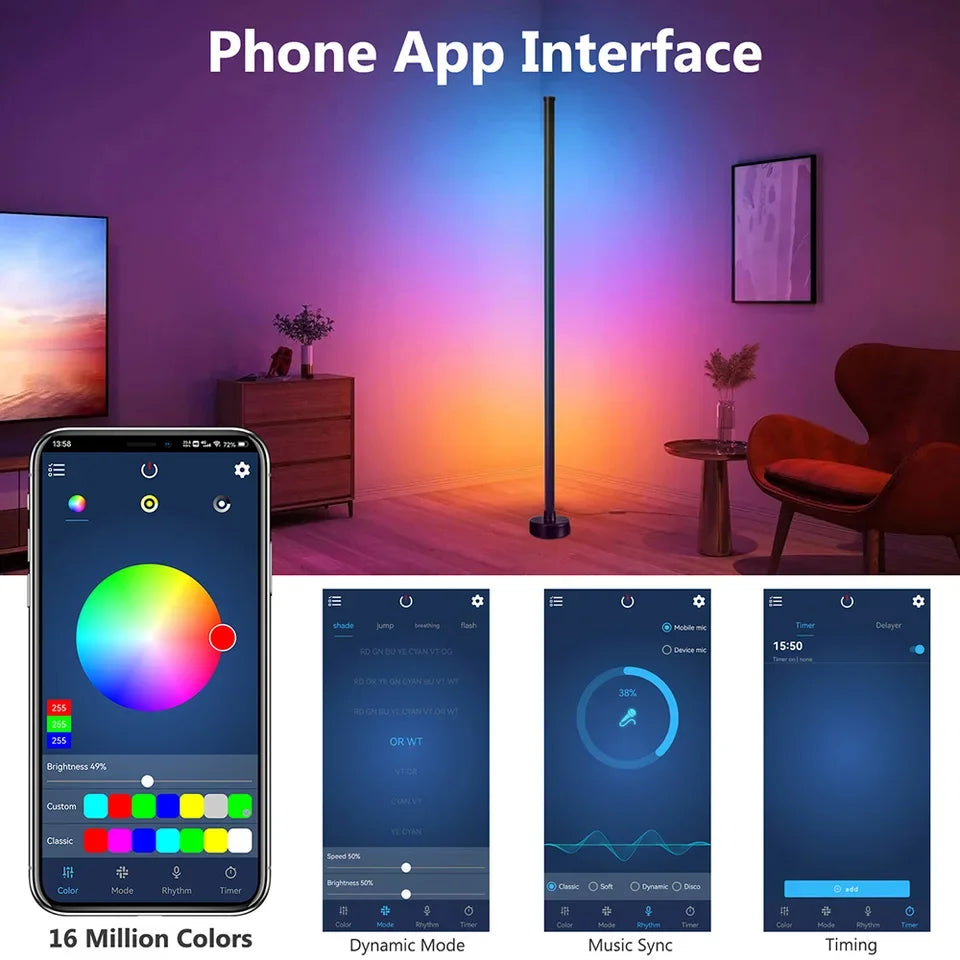 Smart LED floor lamp with phone app interface showing color selection, dynamic mode, music sync, and timing features.