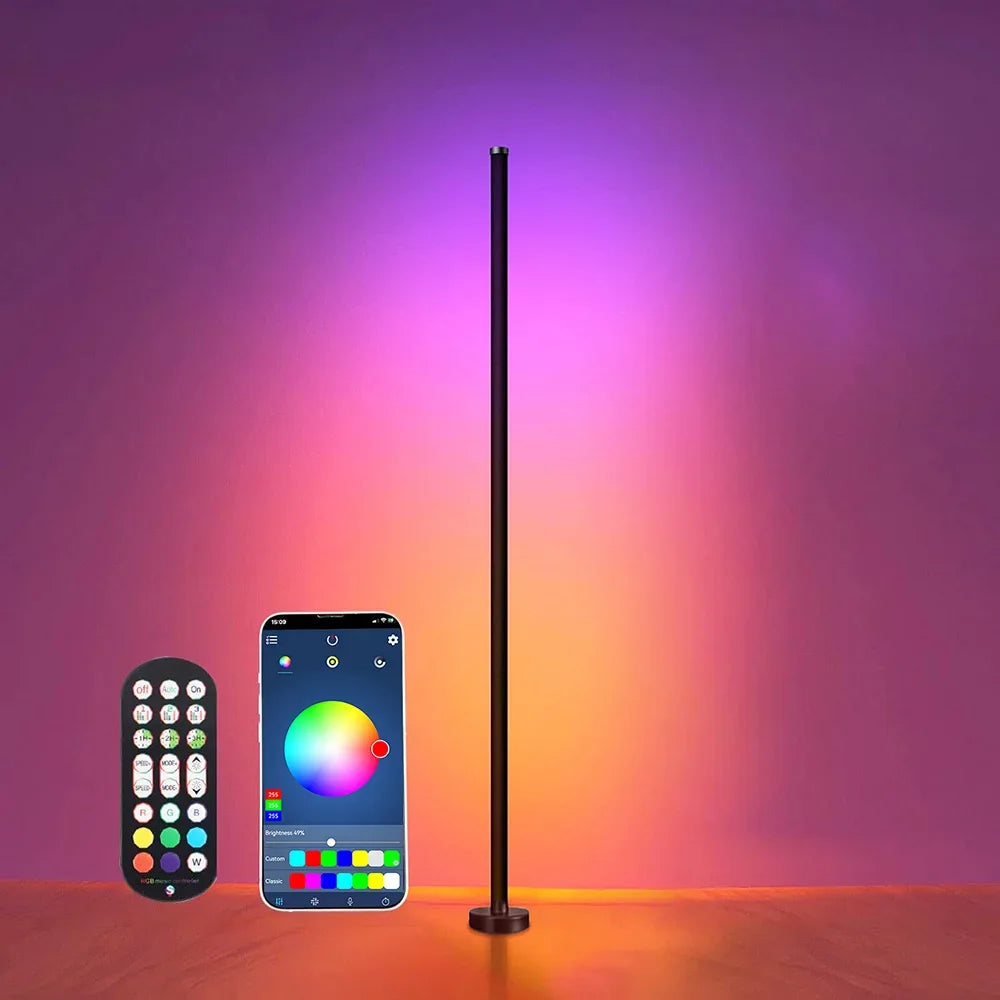 Smart LED floor lamp with remote control and smartphone app on a gradient background