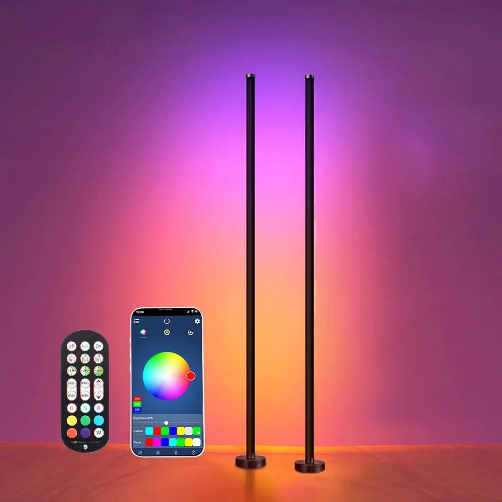 Two tall black lamps with a smartphone displaying color options and a remote control on a gradient background.