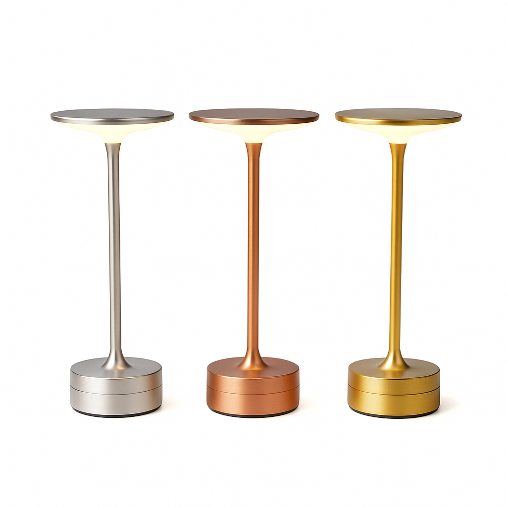 Three metallic table lamps in silver, bronze, and gold on a white background