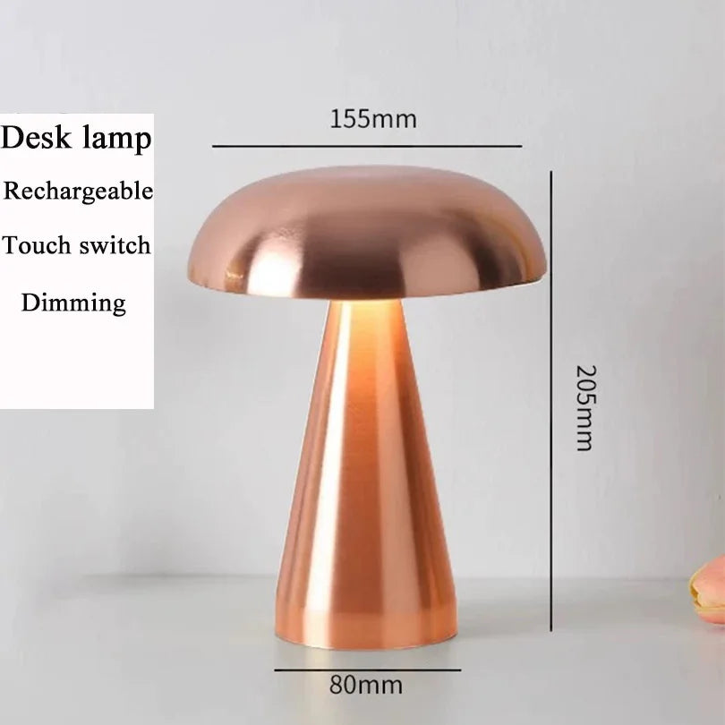 Copper desk lamp with dimensions on a light gray background