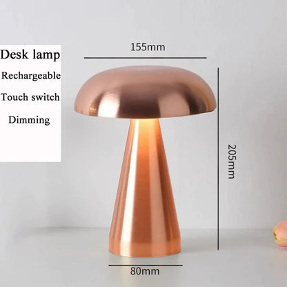 Copper desk lamp with dimensions on a light gray background