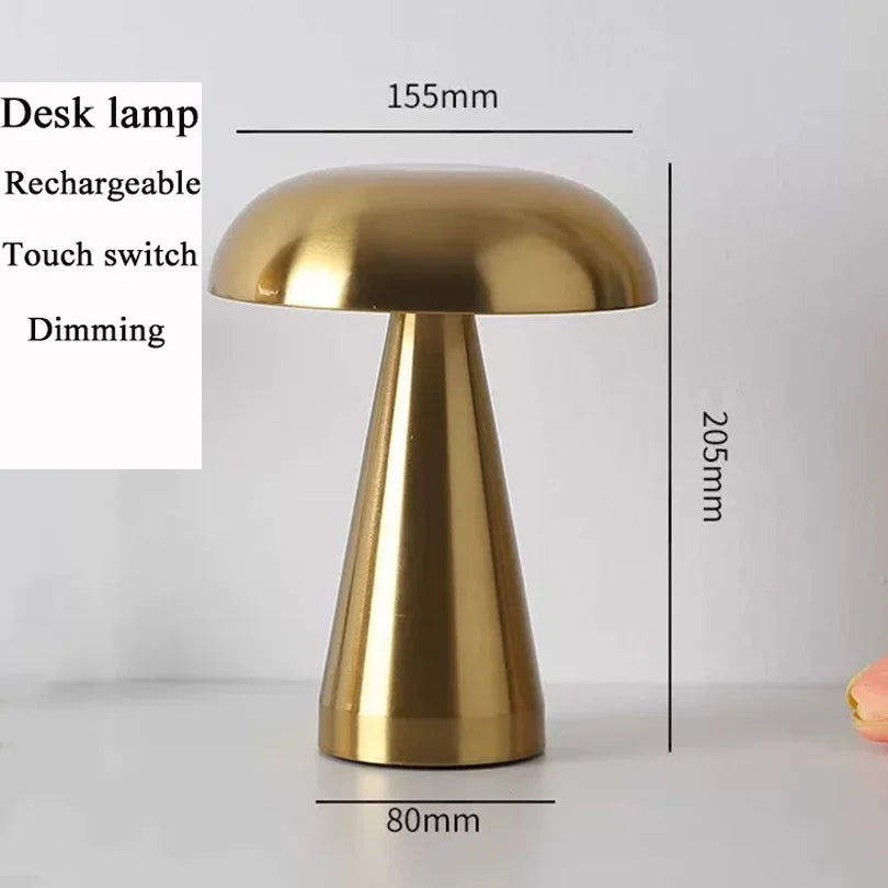 Gold desk lamp with dimensions on a white background