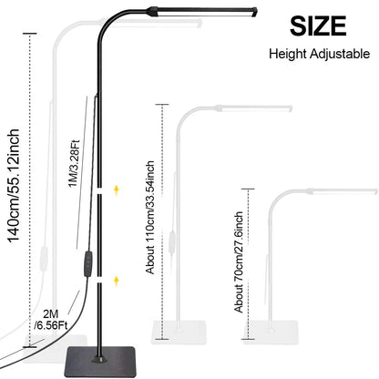 Height adjustable LED floor lamp with dimensions on a white background