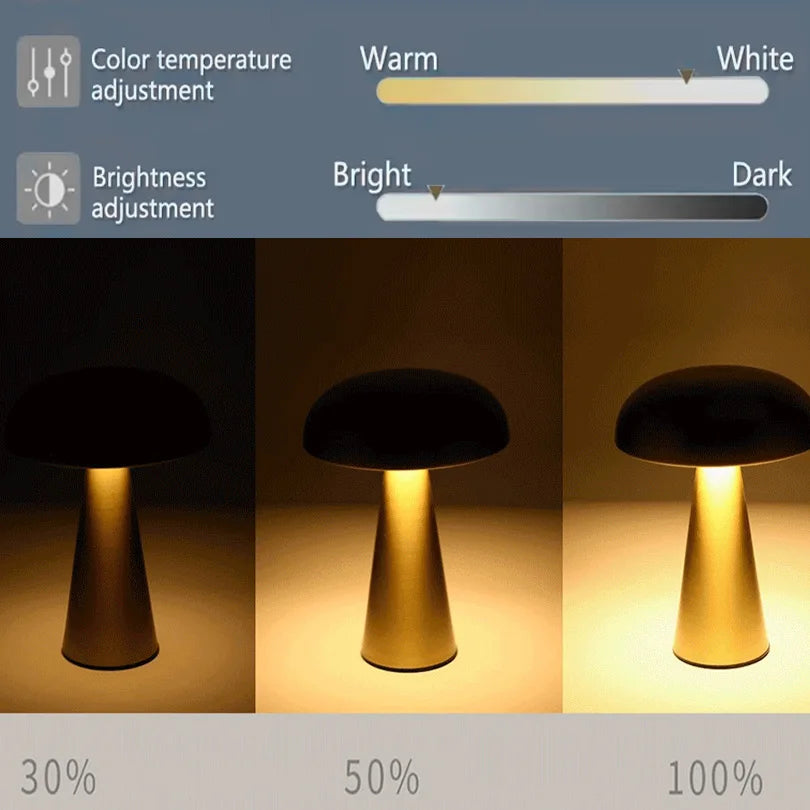 Mushroom-shaped lamp with color temperature and brightness adjustment sliders.