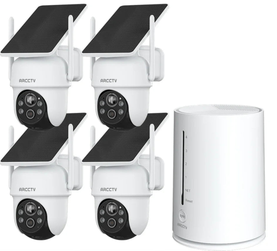 Set of four ANRAN security cameras with solar panels on a white background