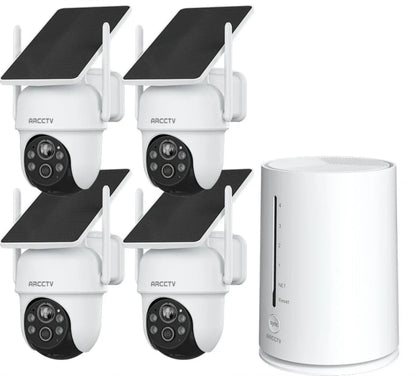 Set of four ANRAN security cameras with solar panels on a white background