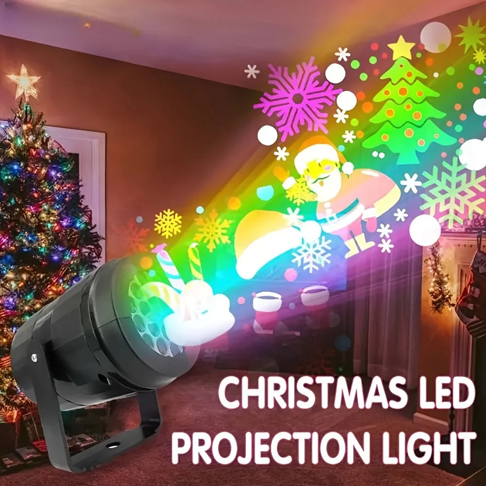 Christmas LED projection light projector in a room with festive decorations.
