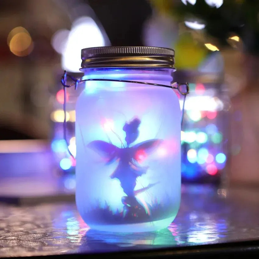 Glowing jar with fairy silhouette against a blurred colorful light background