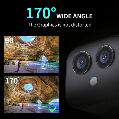 Phone with dual camera lenses and wide-angle view comparison on a black background