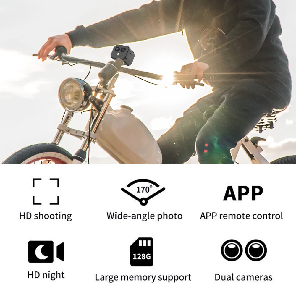 Person riding a bicycle with a camera attached, featuring camera features text below.