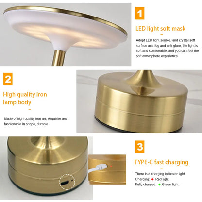 LED Metal Table Lamp – Touch Sensor, USB Rechargeable, Portable Night Light