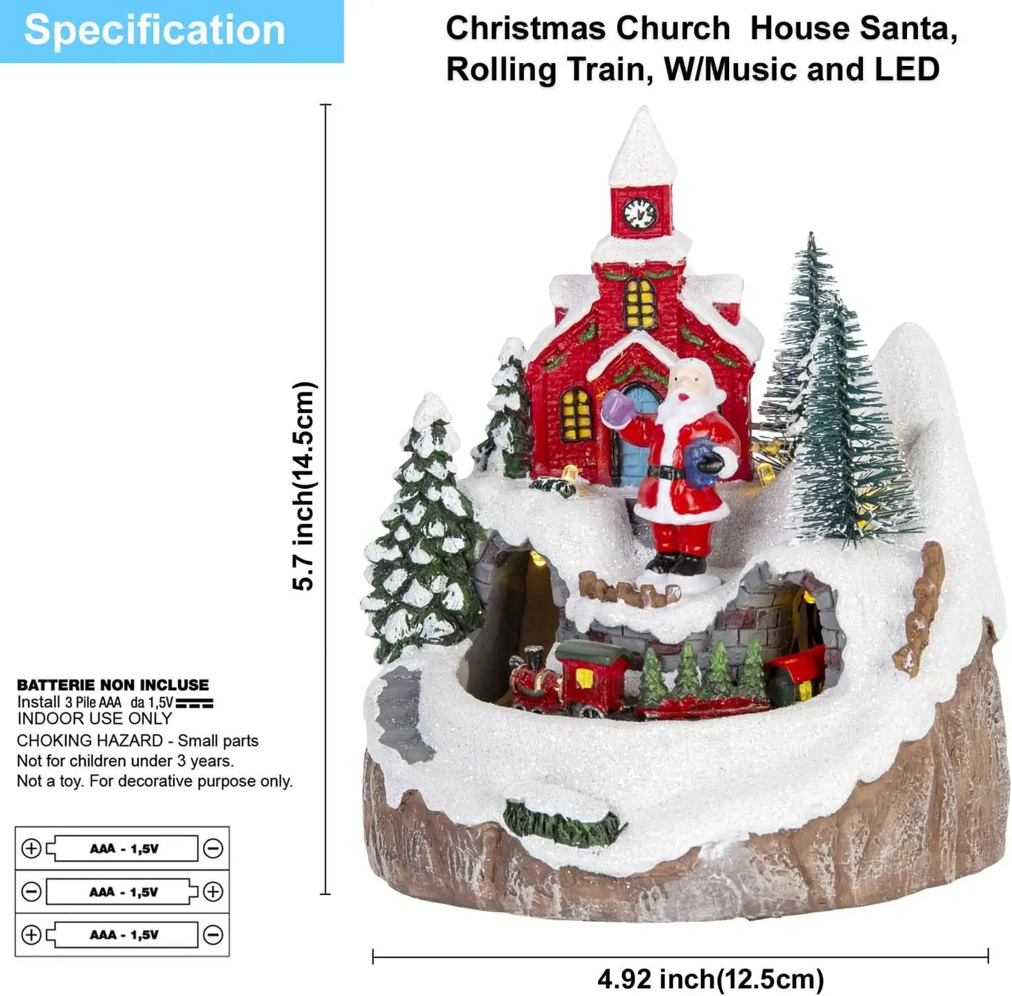 Decorative Christmas scene with a church, Santa, and rolling train on a snowy base.