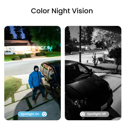 Comparison of color night vision with spotlight on and off in a residential setting.