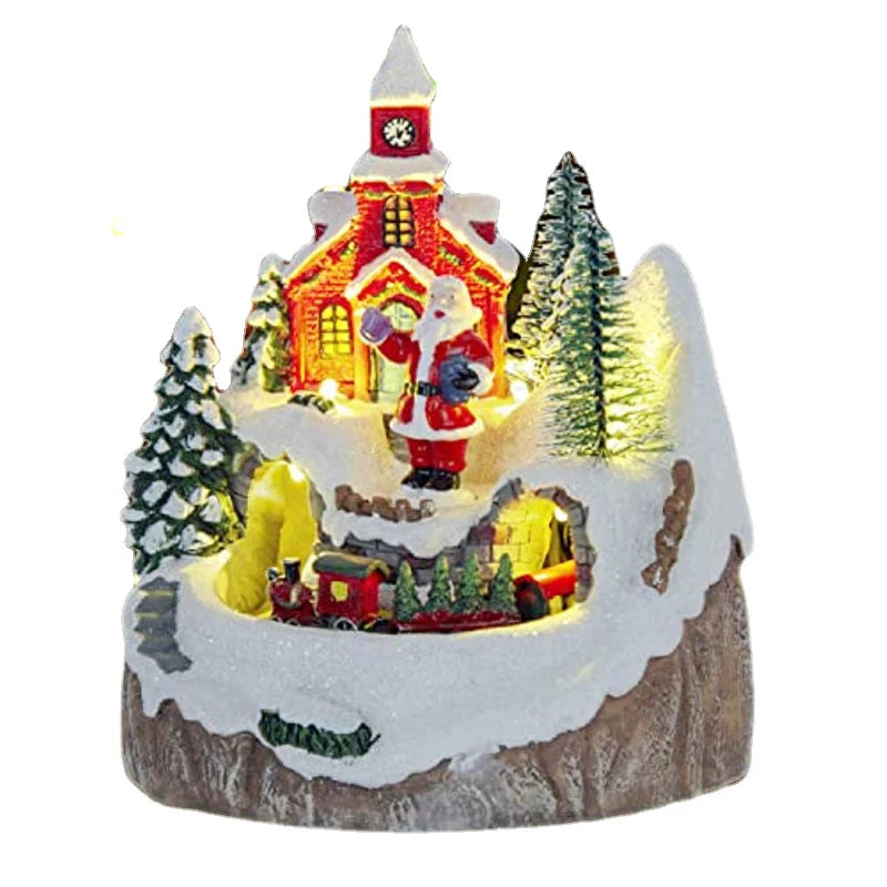 Christmas-themed village scene with a church, trees, and Santa Claus on a white background