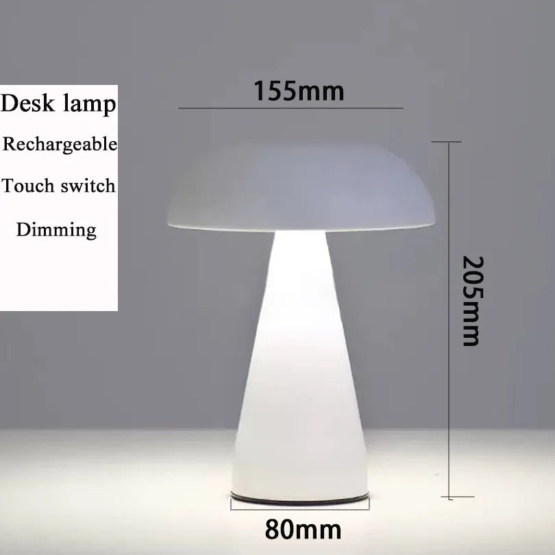 Desk lamp with dimensions and features on a gray background