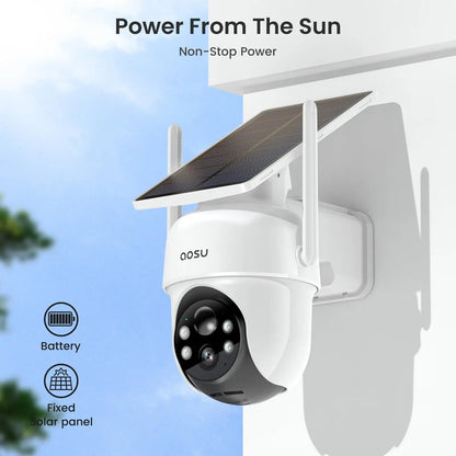 AOSU 3MP Solar Security Camera System – 4 - Camera Wireless PTZ Kit with HomeBase & Alexa Support - Carry Light