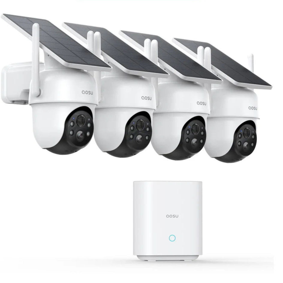 AOSU 3MP Solar Security Camera System – 4 - Camera Wireless PTZ Kit with HomeBase & Alexa Support - Carry Light