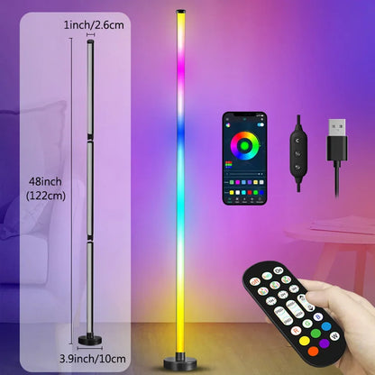 RGB LED floor lamp with remote control, smartphone app, and cable on a gradient background