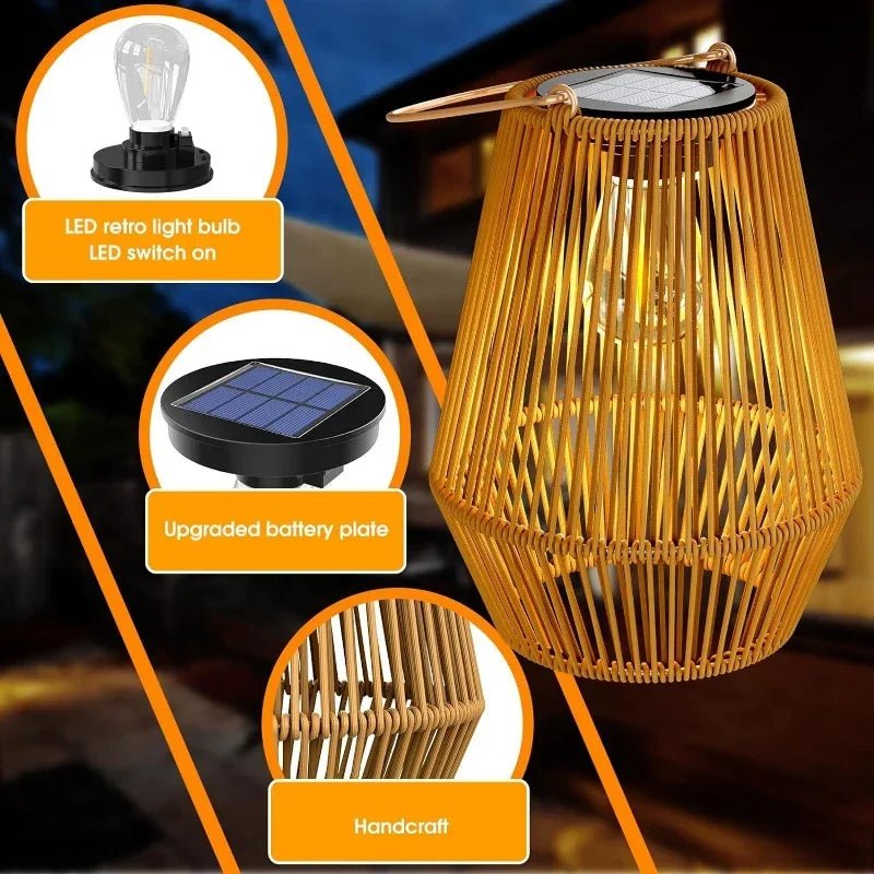 Rattan Solar Lantern – Hanging Bamboo - Style Outdoor Light for Garden & Patio - Carry Light