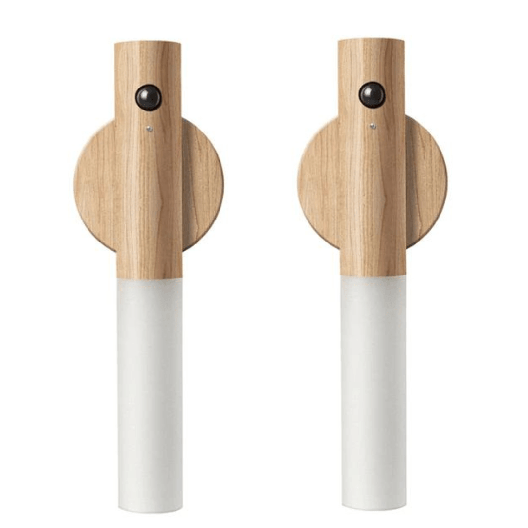 Two wooden cordless torches with white bases on a white background